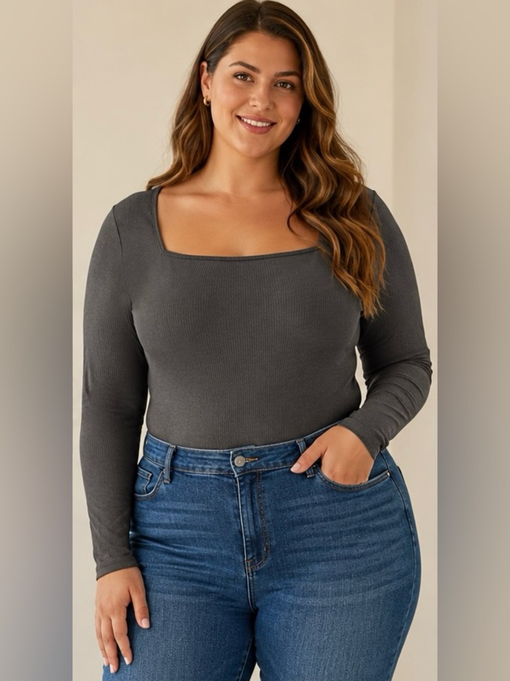 Old Navy XXL Ribbed Square Neck Long Sleeve Bodysuit Charcoal Gray NWT